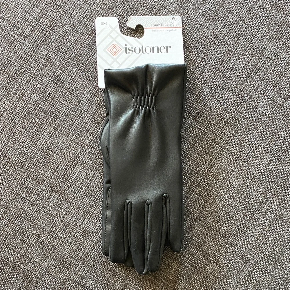 NWT isotoner Womens Lined Faux Leather Stretch Glove, Touchscreen Black S/M
